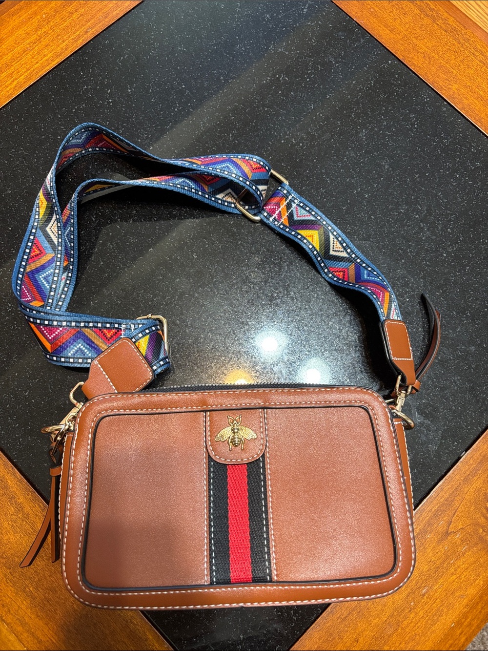 Brown Leather Crossbody Bag with Decorative Bee and Stripe
